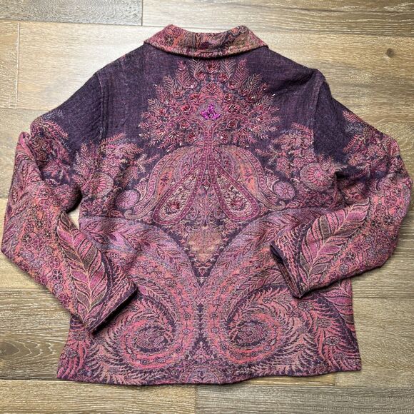 Coldwater Creek Wool Beaded Jacket Womens Large Purple Floral India Wood Buttons - Picture 8 of 9